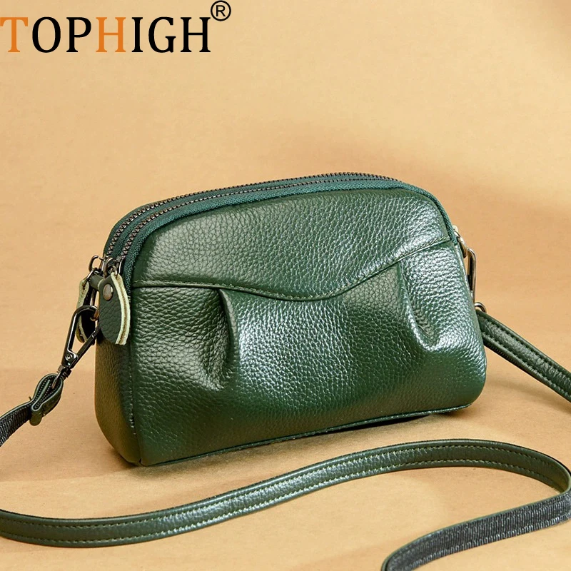 TOPHIGH Fashion Leather Handbag For Women's Crossbody Soft Leather Double Layer Cloud Mobile Phone Bag Vintage  Small Square Bag