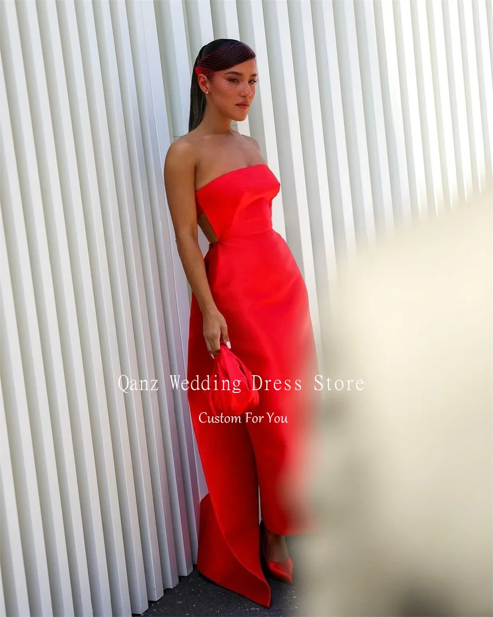 Qanz Dubai Red  Prom Dresses Vintage Satin Mermaid Strapless Wedding Party Dress Backless Evening Dresses Women Customized
