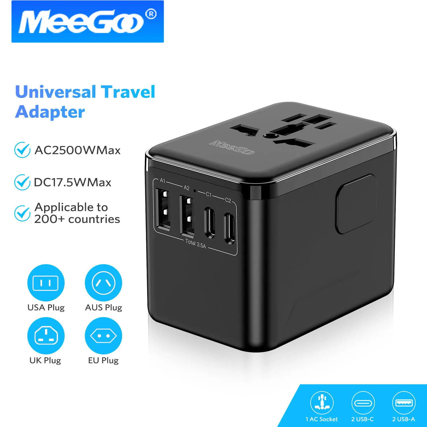 

MeeGoo Multi Port Wall Charger USB Universal International Travel Adapter Fast Charging with USB+Type C Plug Portable Charger
