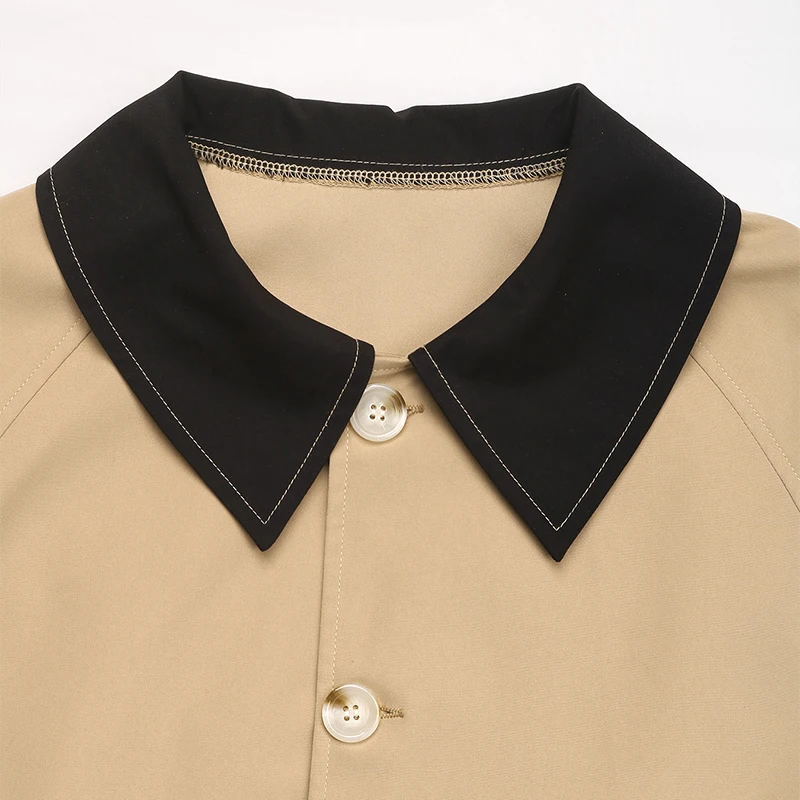 Women's Khaki Black Contrast Trim Lapel Button Front Short Jacket Autumn Casual Fashion Loose Fit