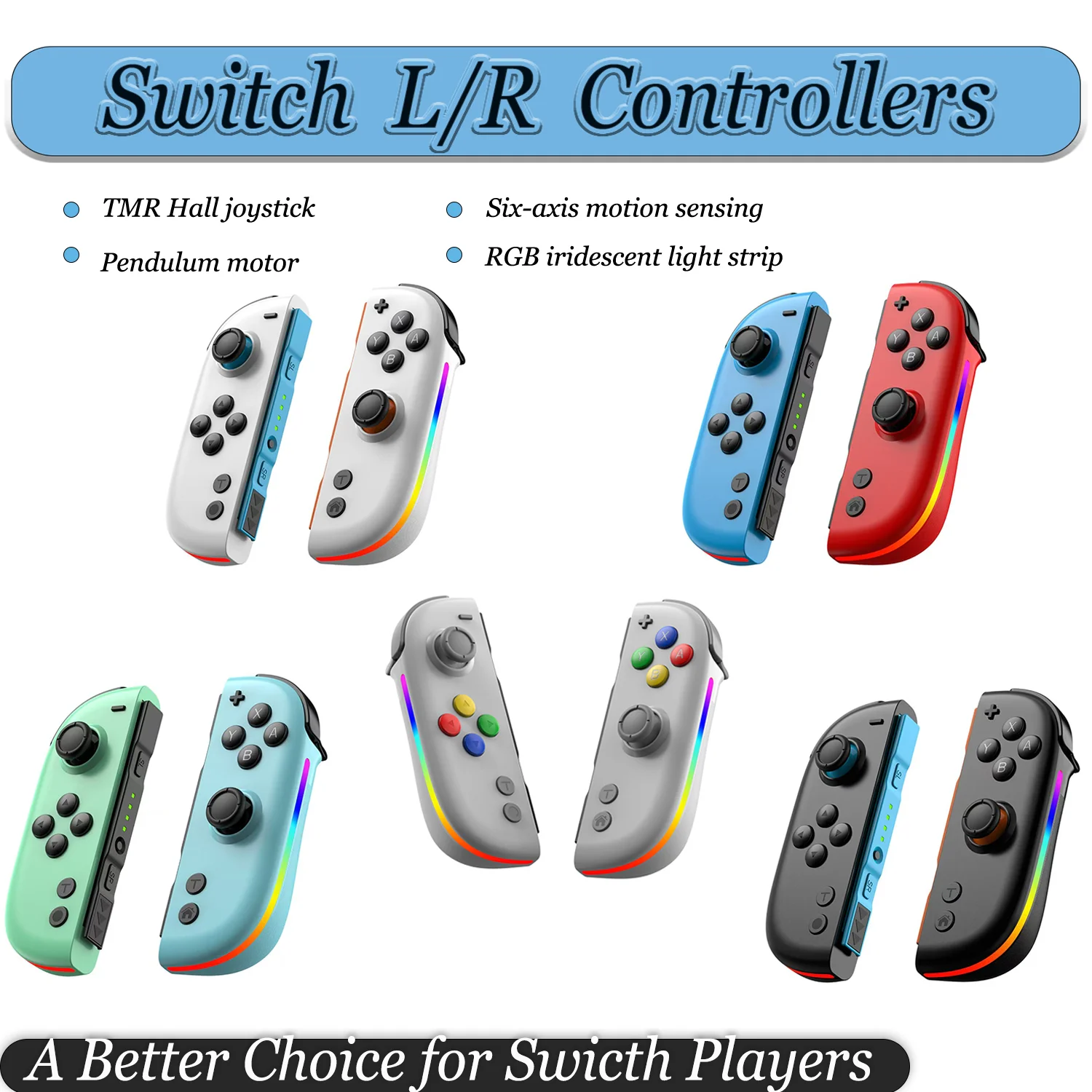 

Wireless Switch L/R Controllers Hall Joystick RGB Colorful Light BT 5.3 Wake Up Six-Axis Vibrating Joypad For Switch/Lite/Oled