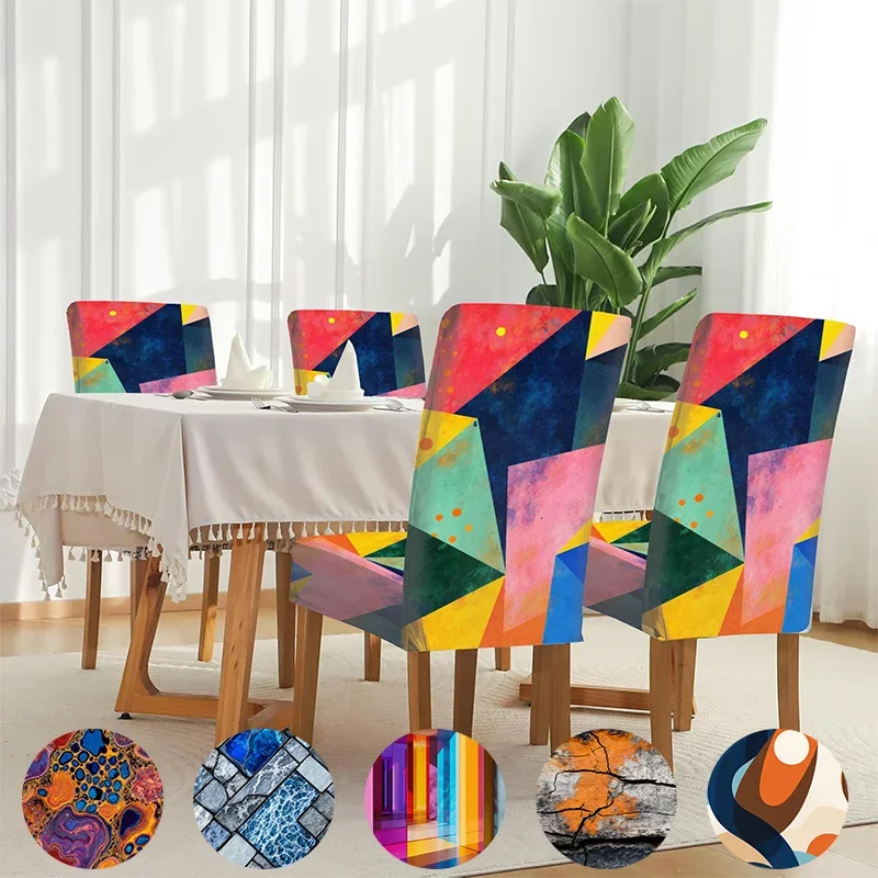 Elastic dining chair cover Abstract geometric triangular splicing layer Color removable, washable, home dining chair cover