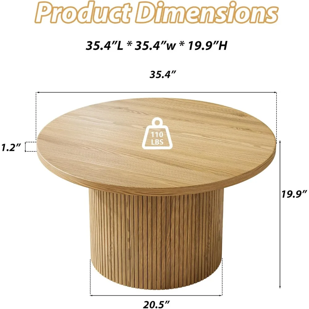 Mesa de centro redonda con almacenamiento, mesas de centro de 35" para sala de estar, mesa central circular con acento de madera para apartamento, roble