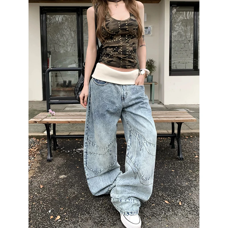 

YIBASHU Women's Blue Baggy Y2k Jeans Hip Hop Grunge Jeans Pants Vintage Harajuku Oversize Splice Washed Denim Trousers Clothes