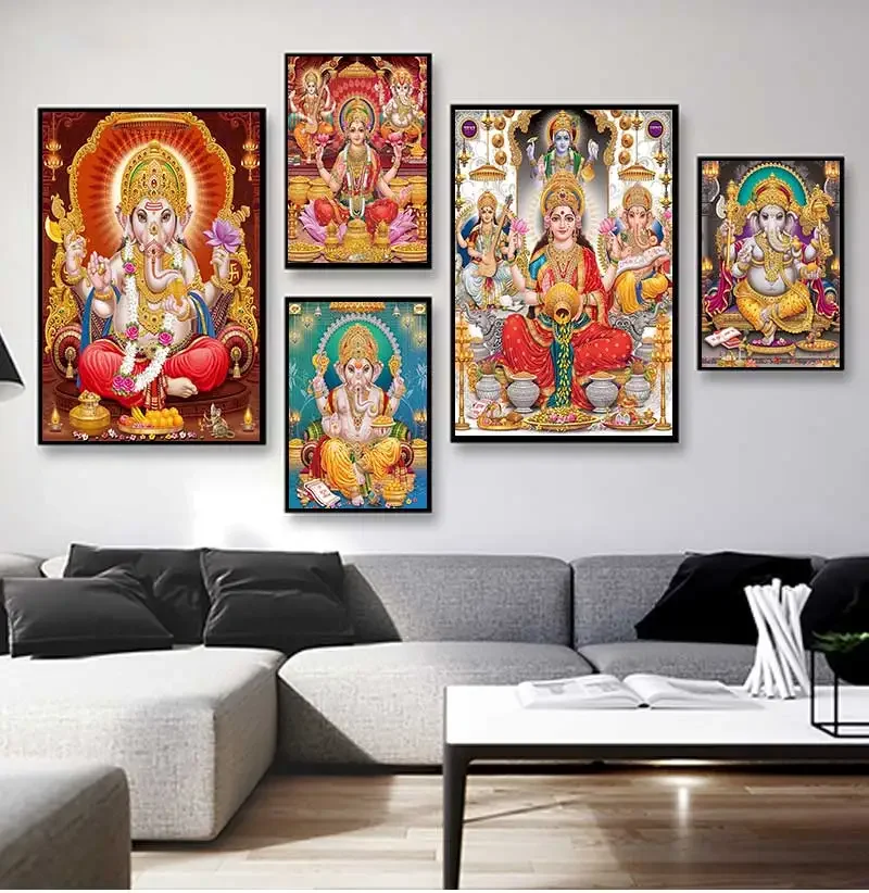 Póster del templo Ganesha dorado hindú de la India, pintura de Shiva Parvati, impresiones en lienzo, elefante, Dios, imagen religiosa, decoración de pared para habitación