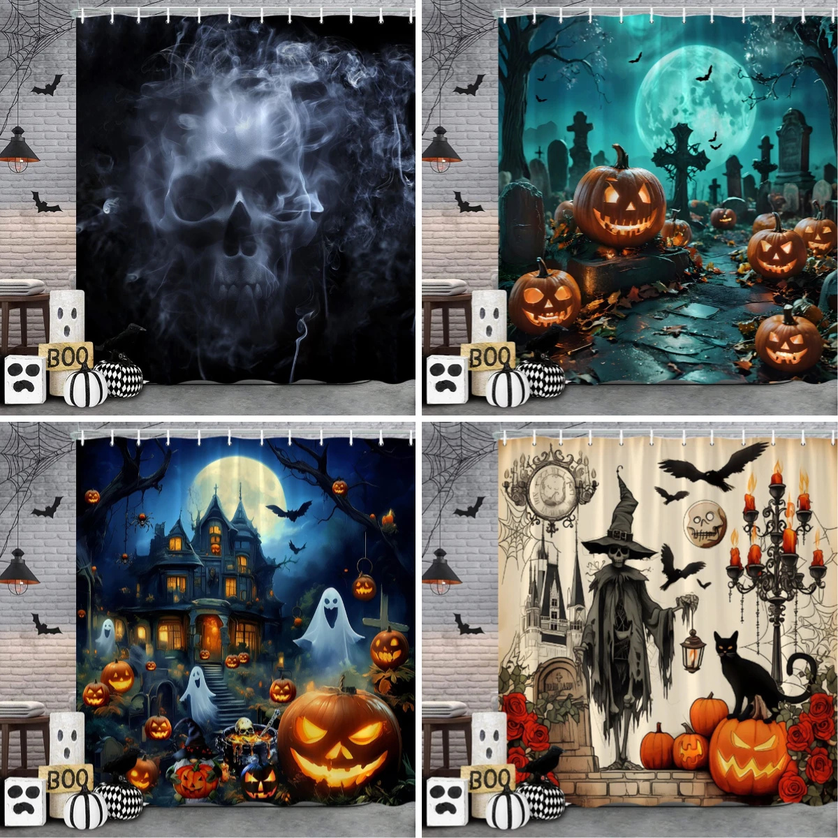 Halloween Scary Spooky Pumpkin Shower Curtain Scary Skulls Bats Witches Cats Polyester Shower Curtains Bathroom Decor with Hooks