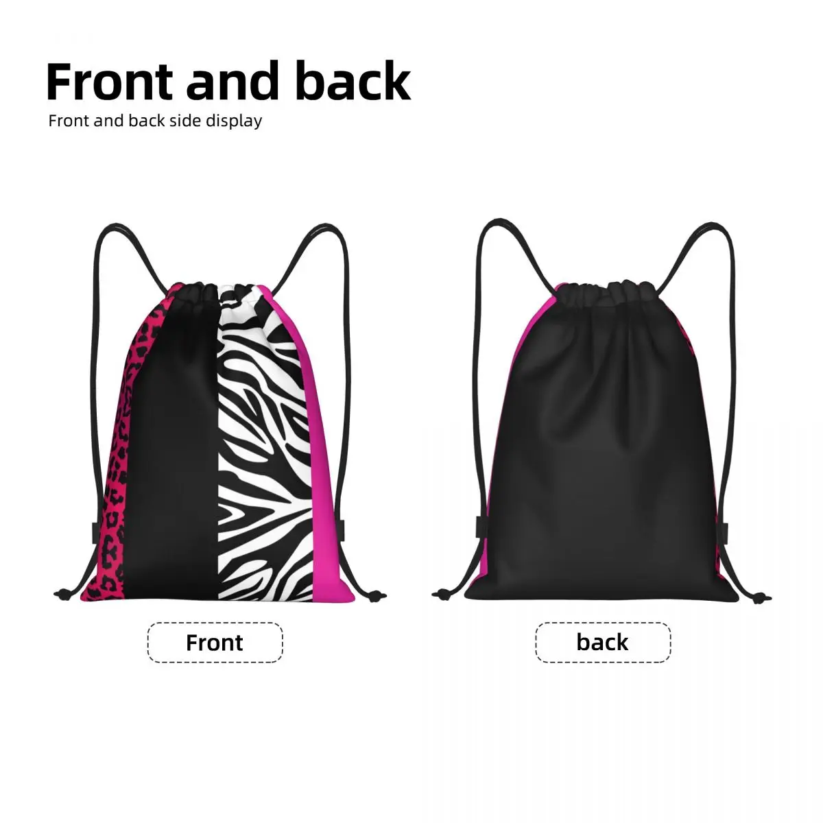 Custom Hot Pink Zebra And Leopard Animal Print Stripes Drawstring Bag Men Women Lightweight Sports Gym Storage Backpack