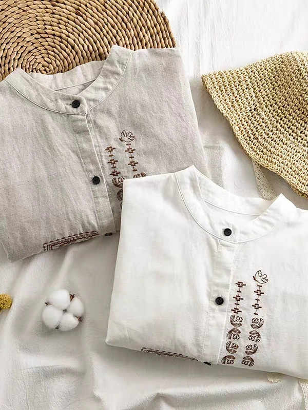 Suelto artístico Retro bordado largo Sve Stand Collar mujer irt Spring Faion Commute Sle versión coreana algodón Lino