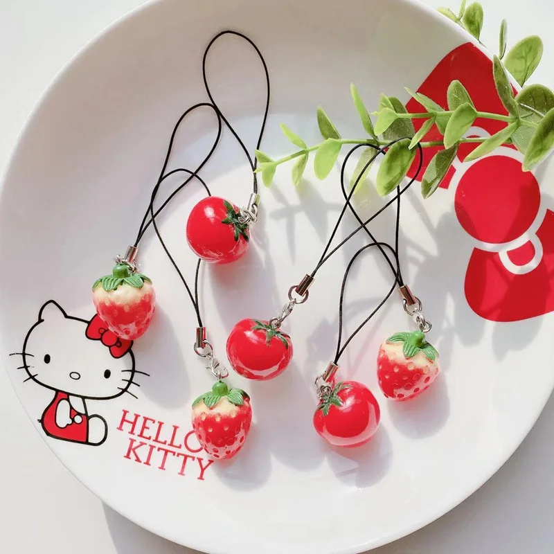 Simulation Strawberry Tomato Mobile Phone Chain Lanyard U Disk Key Ring Women Bag Anti-lost Pendant Birthday Gift