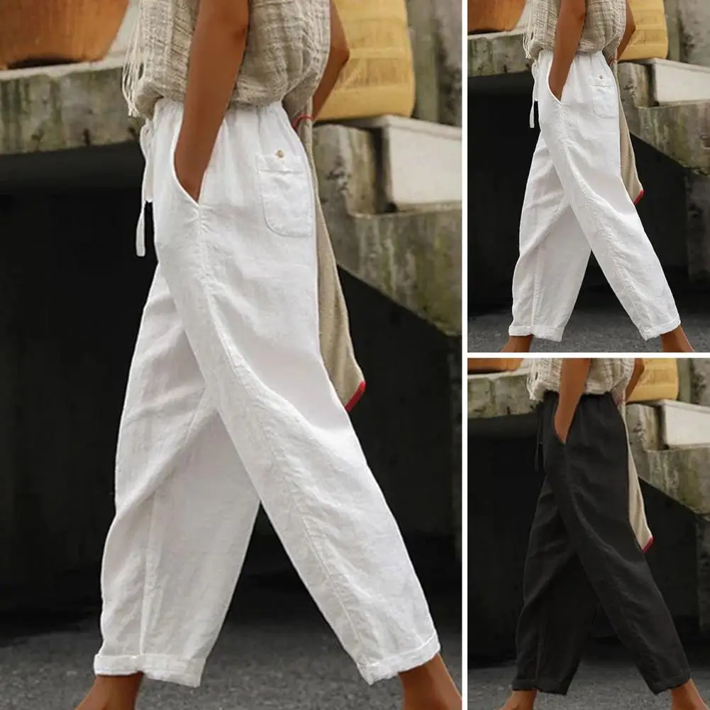 Popular Summer Pants Mid-rise Lightweight Women Pants Vintage Solid Color Casual Pants