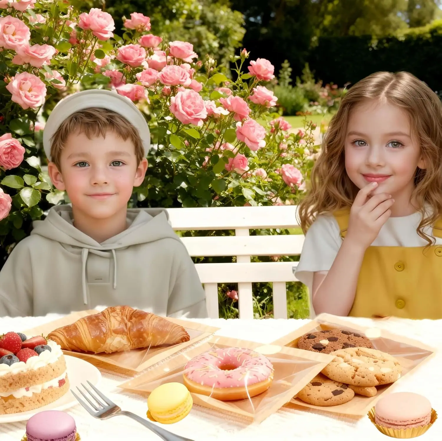 ถุงคุกกี้ขนาด 7.1x7.5 นิ้ว พร้อมหน้าต่างและสติกเกอร์ 100 แพ็ค ถุงกระดาษสีน้ำตาลสำหรับเบเกอรี่ ทนน้ำมัน ปิดผนึกได้ สำหรับใส่ขนมปัง