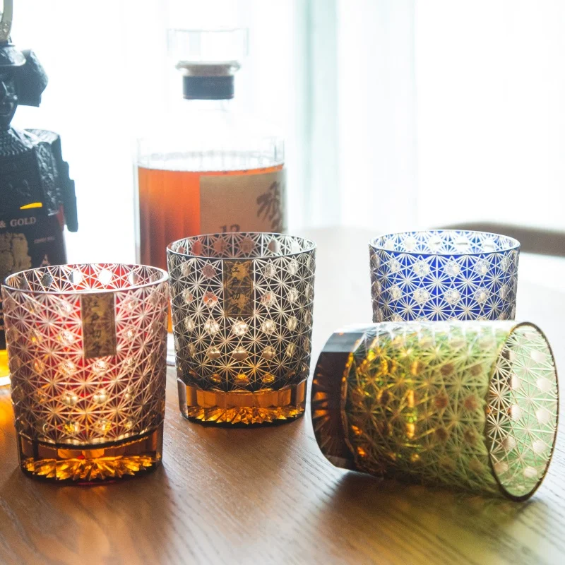 Japanese Style Multi Colored Whiskey Glass Edo Kiriko Dragon Whiskey Tumbler Hand Cut To Clear Black Colored Old Fashioned Glass