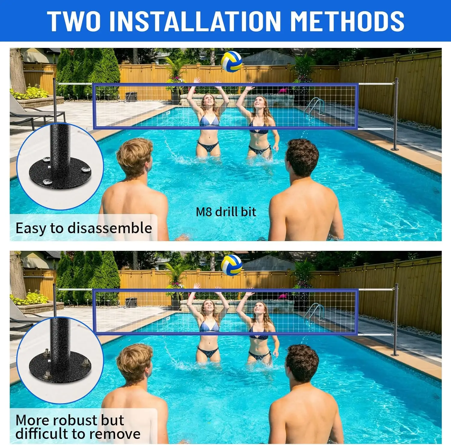 Swimming Pool Volleyball Net Set for Indoor/Outdoor Use, with Water Volleyball and Sturdy Base, for Inground Pools, Fun Pool Games for Adults and Family