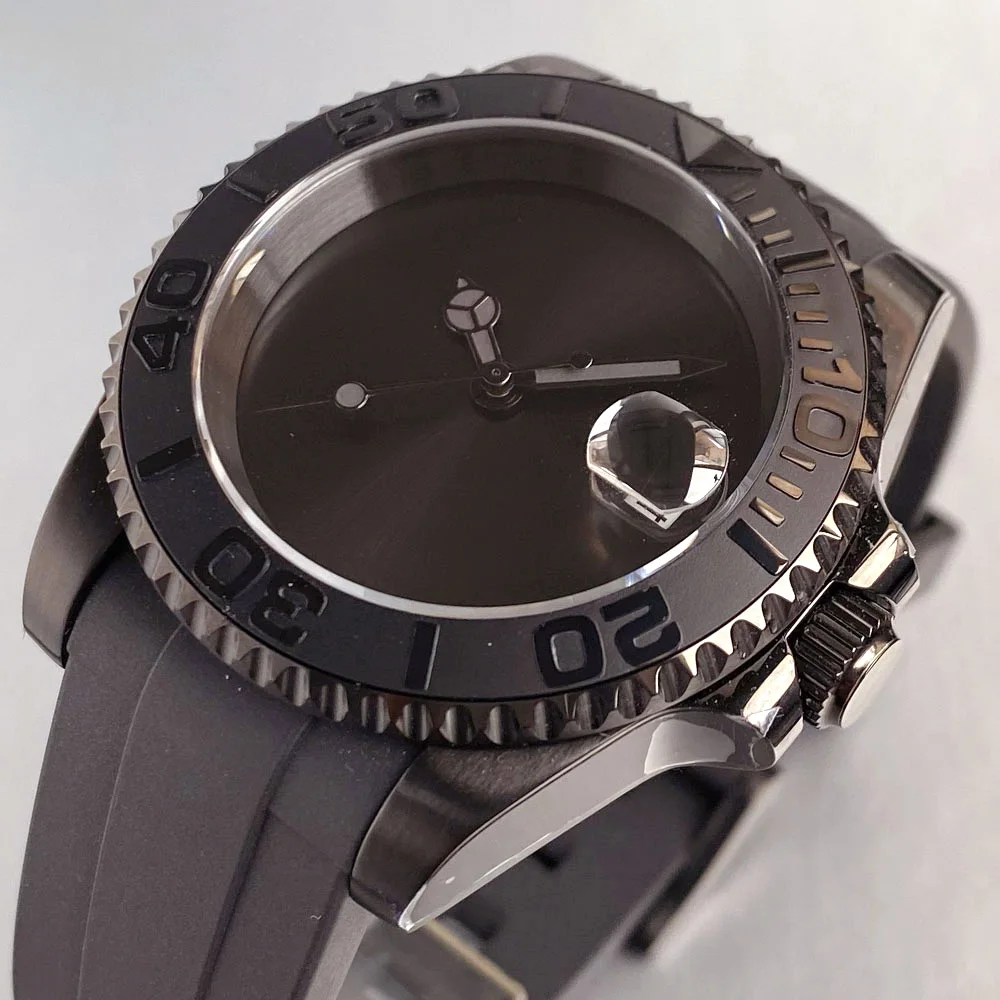 Quadrante nero personalizzato con data senza pennarelli 20ATM 40mm Cassa in PVD nero NH35 Orologio automatico con lunetta in ceramica zaffiro Cinturino in caucciù