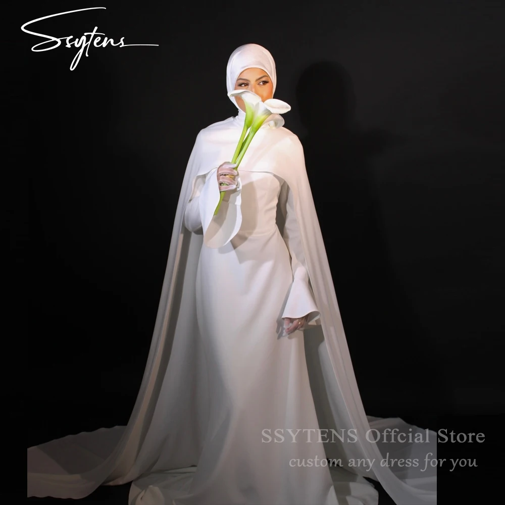 SSYTENS Customized Modest White Muslim Wedding Dresses with Cape Bride Dress with Long Sleeves Woman Bride Civil Bridal Gowns