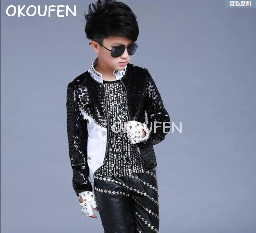 Fashion Children's drum Performance Clothing Black and White Sequin Suit Costumes Stage Party Banquet Formal Dress Set