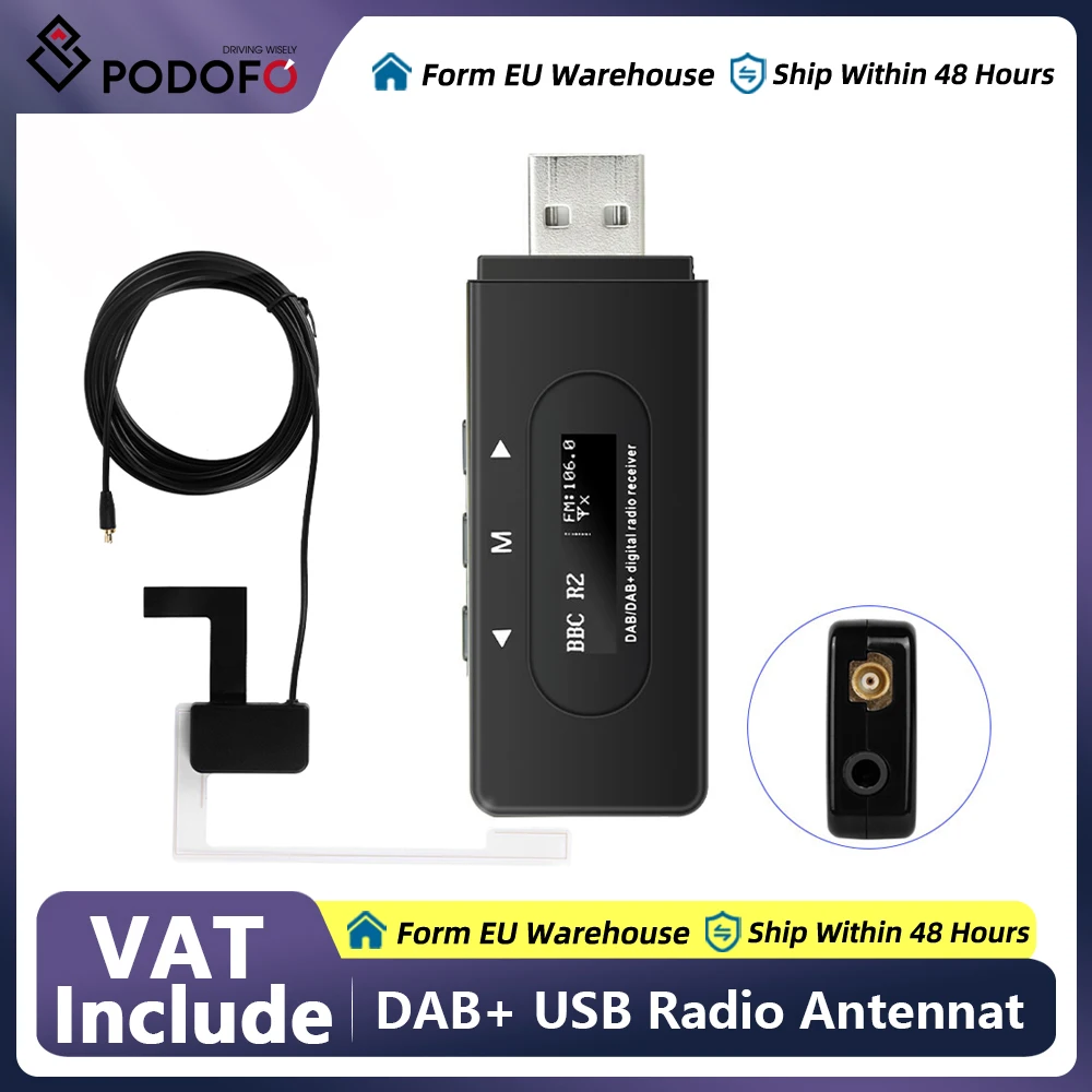 Podofo DAB Antenna with USB Adapter Tuner Receiver Digital Car Radio DAB+ Adapter for android Multimedia Player