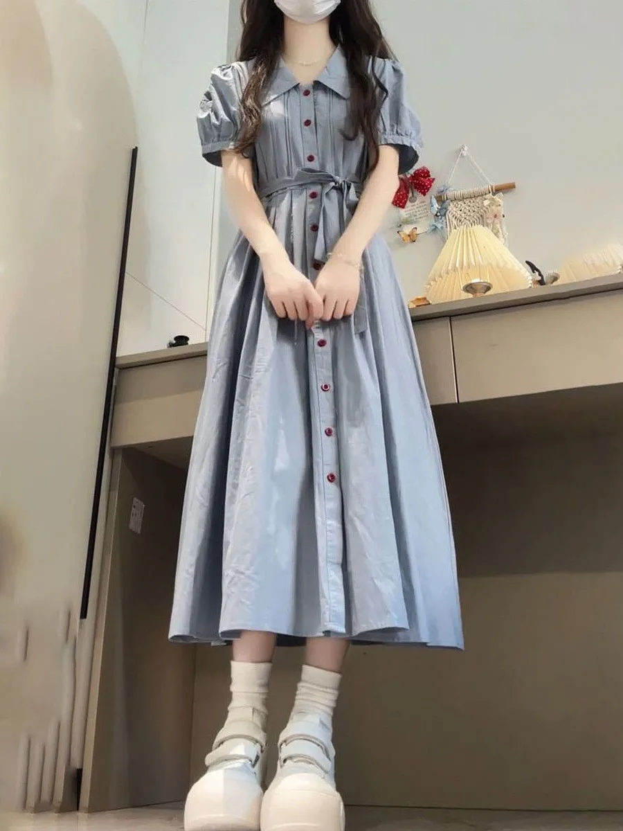 Abito estetico accademico Abito camicia con colletto polo 2025 Nuovo abito longuette ALine stile ragazza morbida Donna Cottagecore Serein Vibe