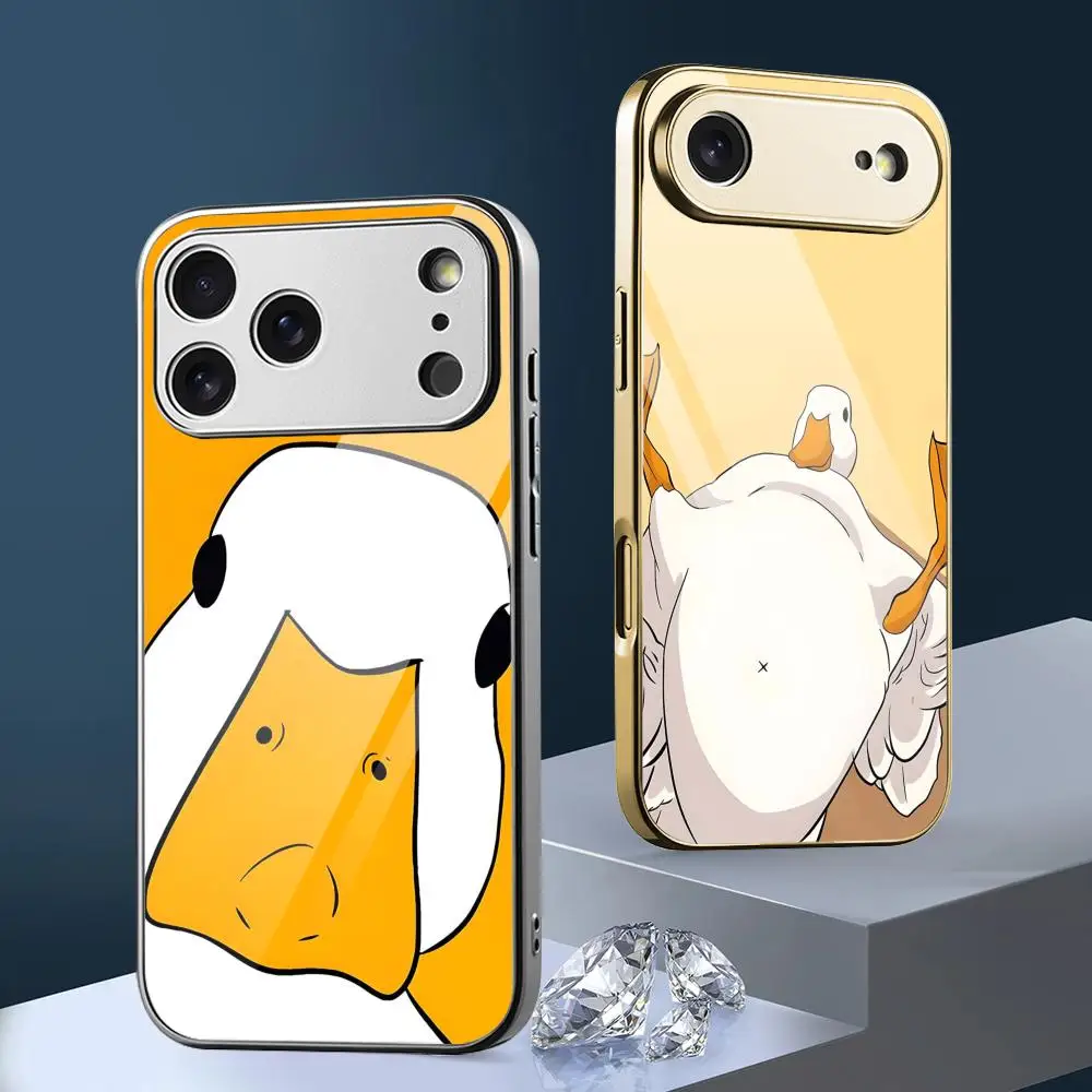 Cartoon Goose Phone Case For iPhone 17 16 15 14 13 12 Pro Max Plus Electroplated Metal Bumper Shockproof Case