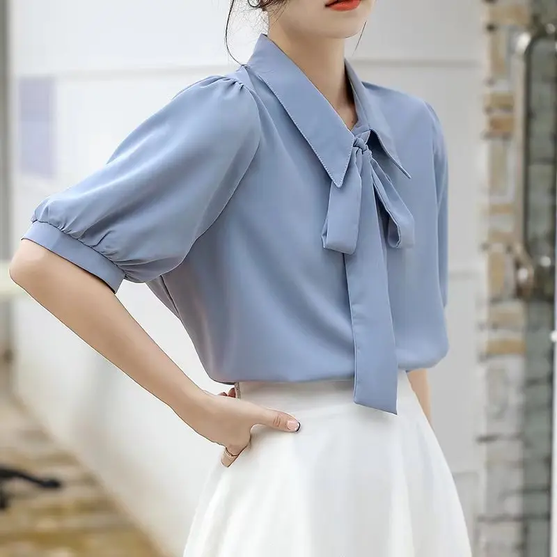 Summer New Blouses For Lady Vintage Elegant Women Work Wear Casual Short Sleeve Shirts Chiffon Solid Tops 2024 New Clothes