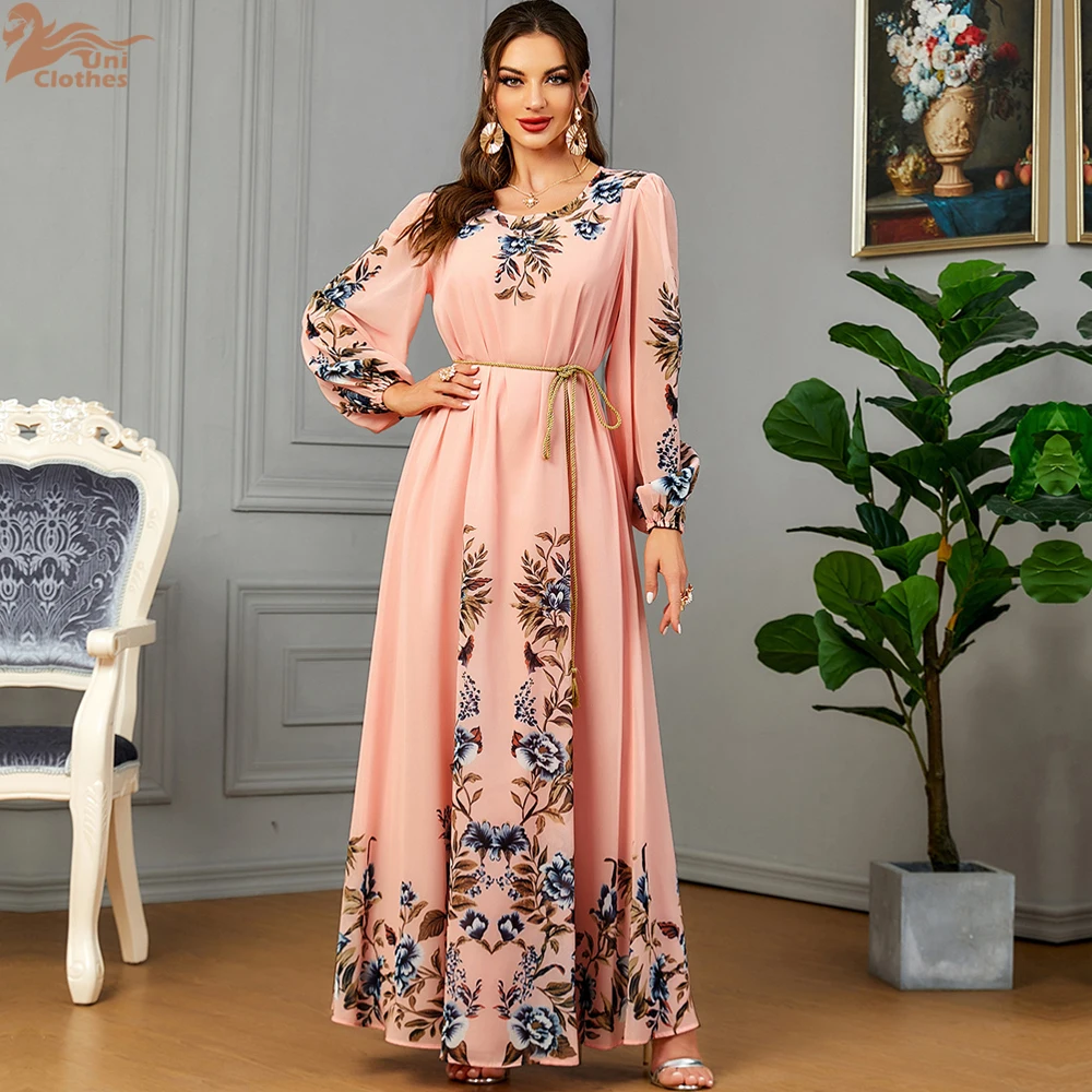 Uni Dresses With Long Sleeves Floral Print Luxury Muslim Abayas For Women Dubai Moroccan Fashion Elegant Evening Dress