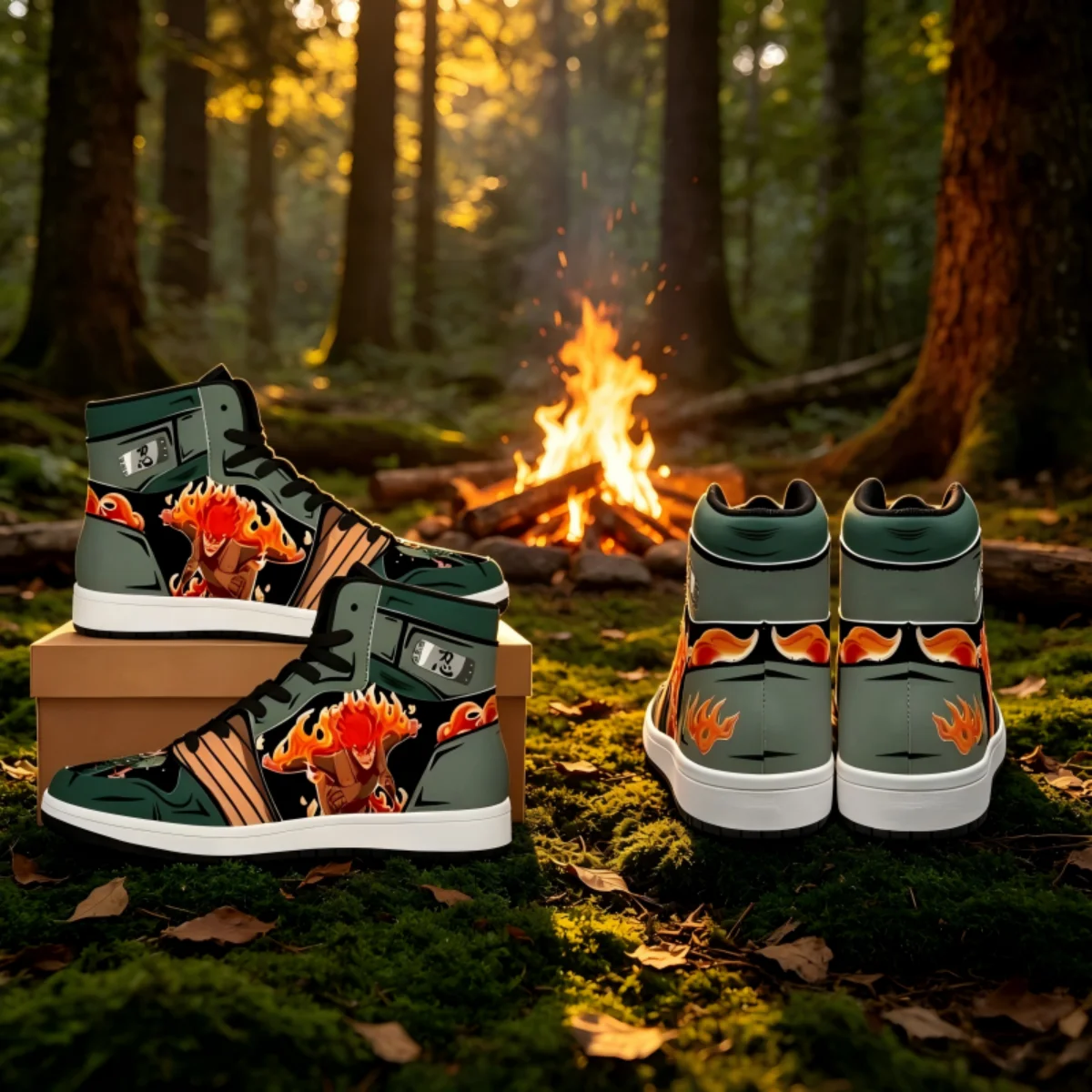 Baskets montantes Naruto Might Guy, chaussures imprimées Eight Gates Fire Aura, chaussures Shinobi vert forêt profond