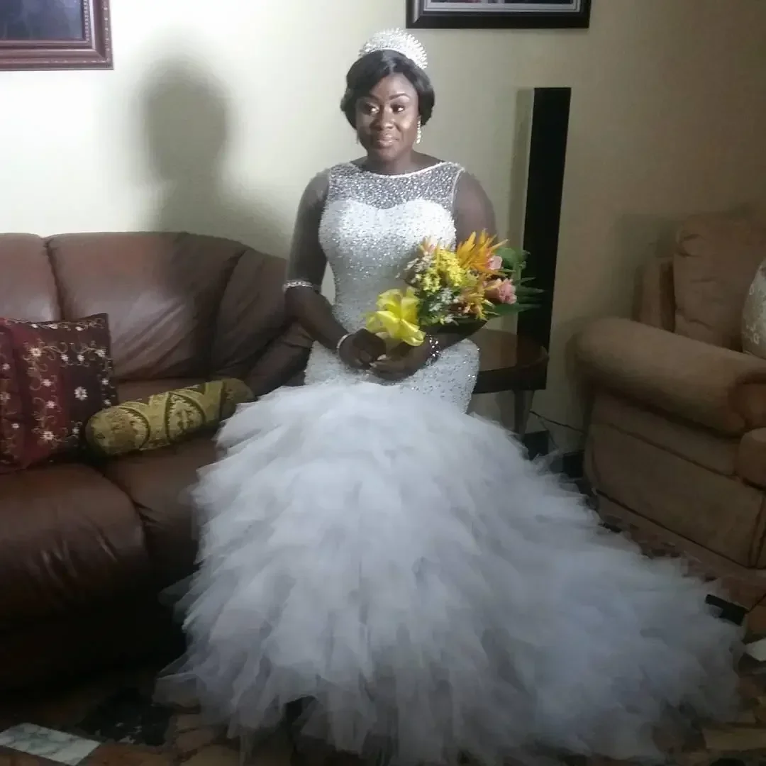 Vestidos De novia De sirena con cuentas personalizados, Bateau transparente, media manga, vestidos De novia De talla grande, tren De barrido escalonado, bata De tul