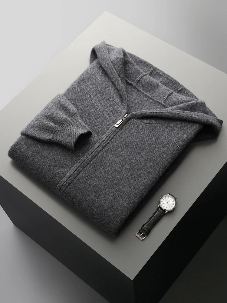 Men Sweater Suit Hooded Zipper Pullover Pants Autumn Winter Thick Warm Casual Clothing 100% Merino Wool Knitwear Trousers Tops