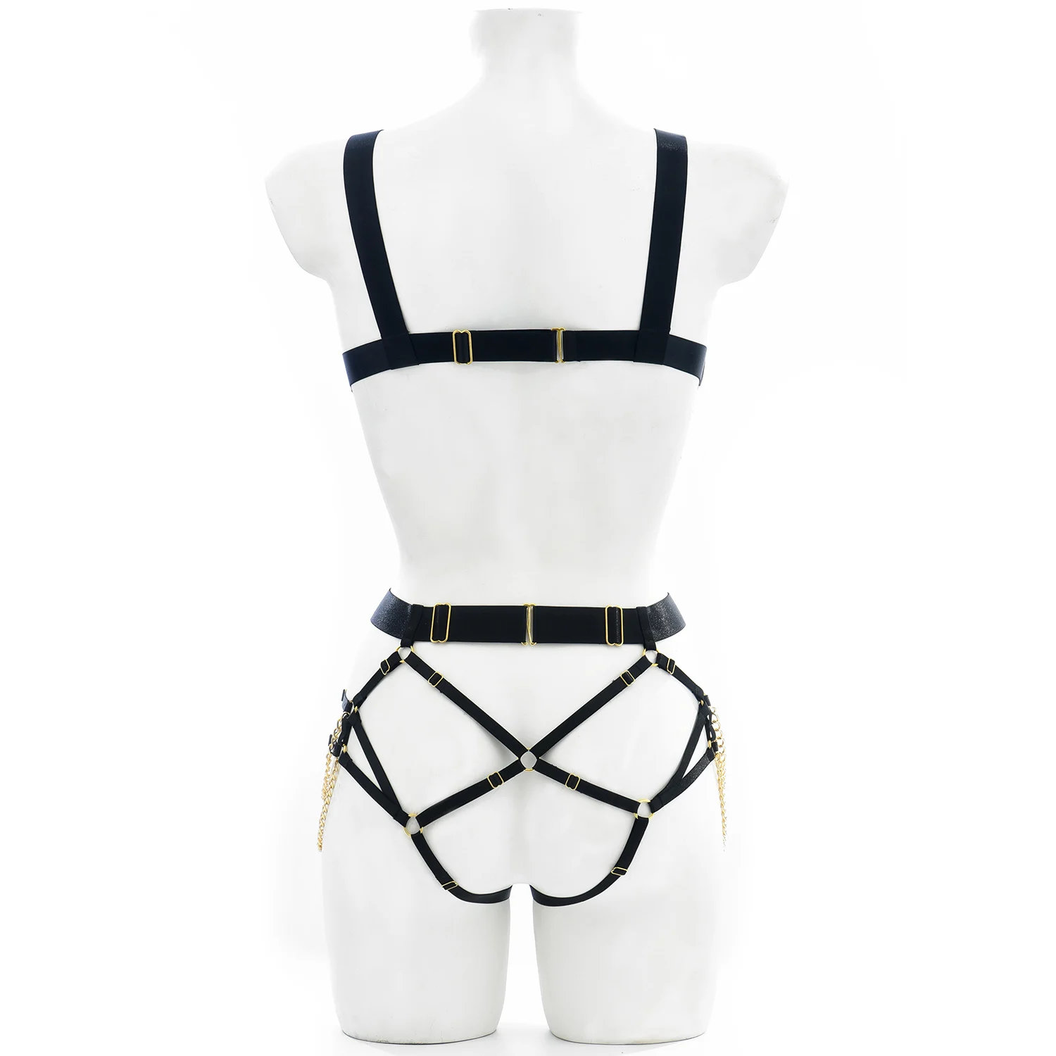 Harajuku Elastic Crop Top Bra Body Chain Harness Sexy Lingerie Set Open Chest Bra Hollow Accessories Women G String Briefs