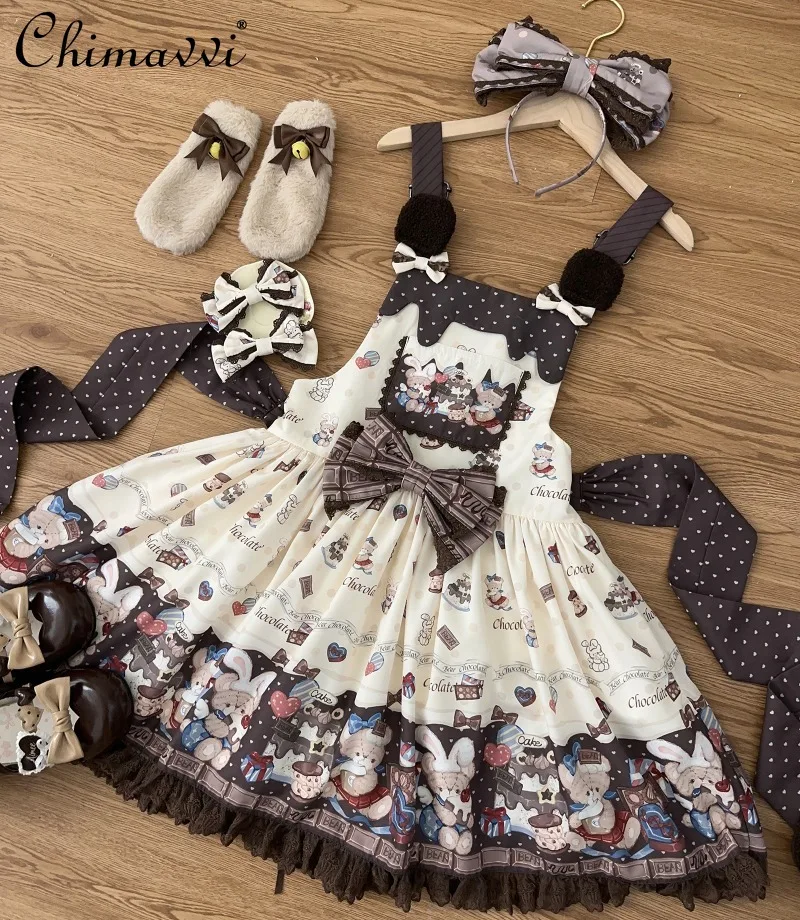 

Оригинальный дизайн, милое платье с шоколадным медведем в стиле Лолиты, новинка 2025, осенняя одежда, короткие пышные платья принцессы для милых девочек, женские пышные платья