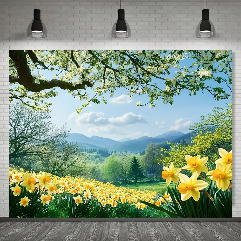 Charming Spring Landscape Tapestry with Blooming Daffodils and Scenic Mountains - Perfect for Enhancing Any Room Decor