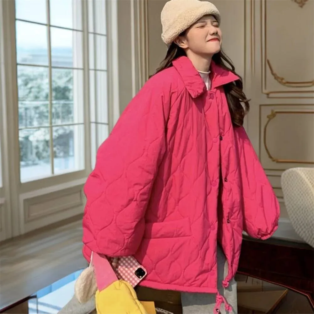 

2026 Autumn Winter Vintage Loose Cotton-Padded Parkas For Women Sweet Pocket Solid Long Sleeve Jacket Coat Warm Outerwear