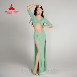 BellyDance Training Suit V-neck Half Sleeve Top+Sexy Split Long Skirt 2pcs Women's Oriental Dance Professional Practice Clothes