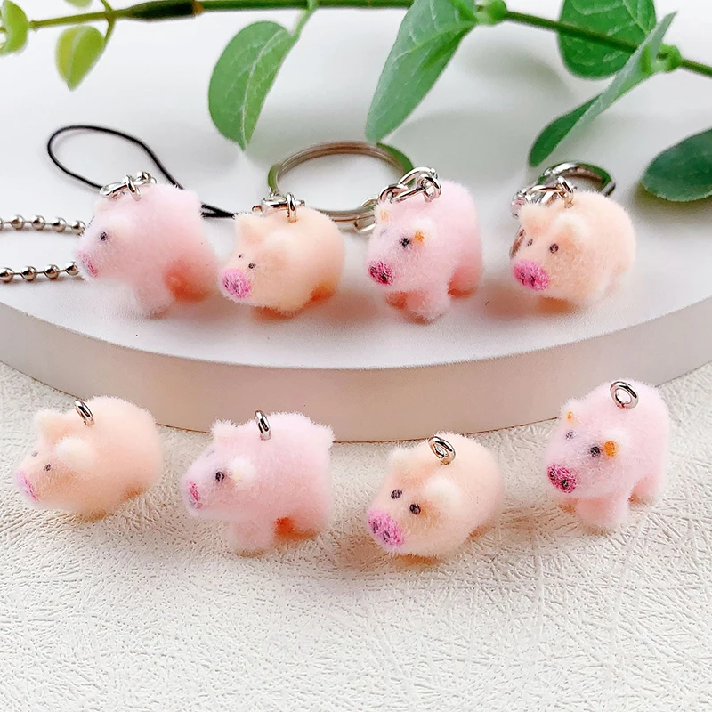 Cute 3D Flocking Piglet Keychain Resin Couple Mobile Phone Pendant Car Keyring Earphone Backpack Charms Bag Decor