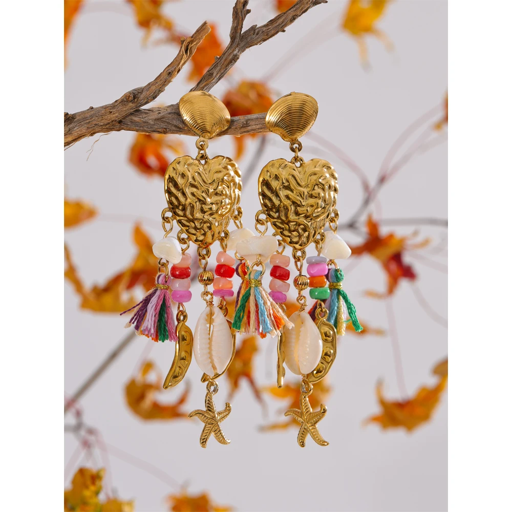 Yhpup Exquisite Metal Heart Seashell Starfish Tassel Dangle Handmade Earrings Gold Color Stainless Steel Arrivals Jewelry Gift