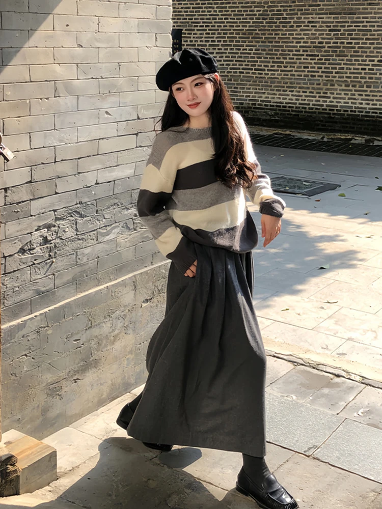 

High Waist A-Line Midi Skirt Women's Loose Overlap Woolen Skirt Casual Sle Daily Wear Chinese Brand