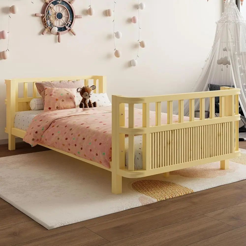 Metal Twin Size Montessori Bed with Fence and Slats, Twin Size Low Platform Bed Frame with Detachable Side Bed Rails and Rounded