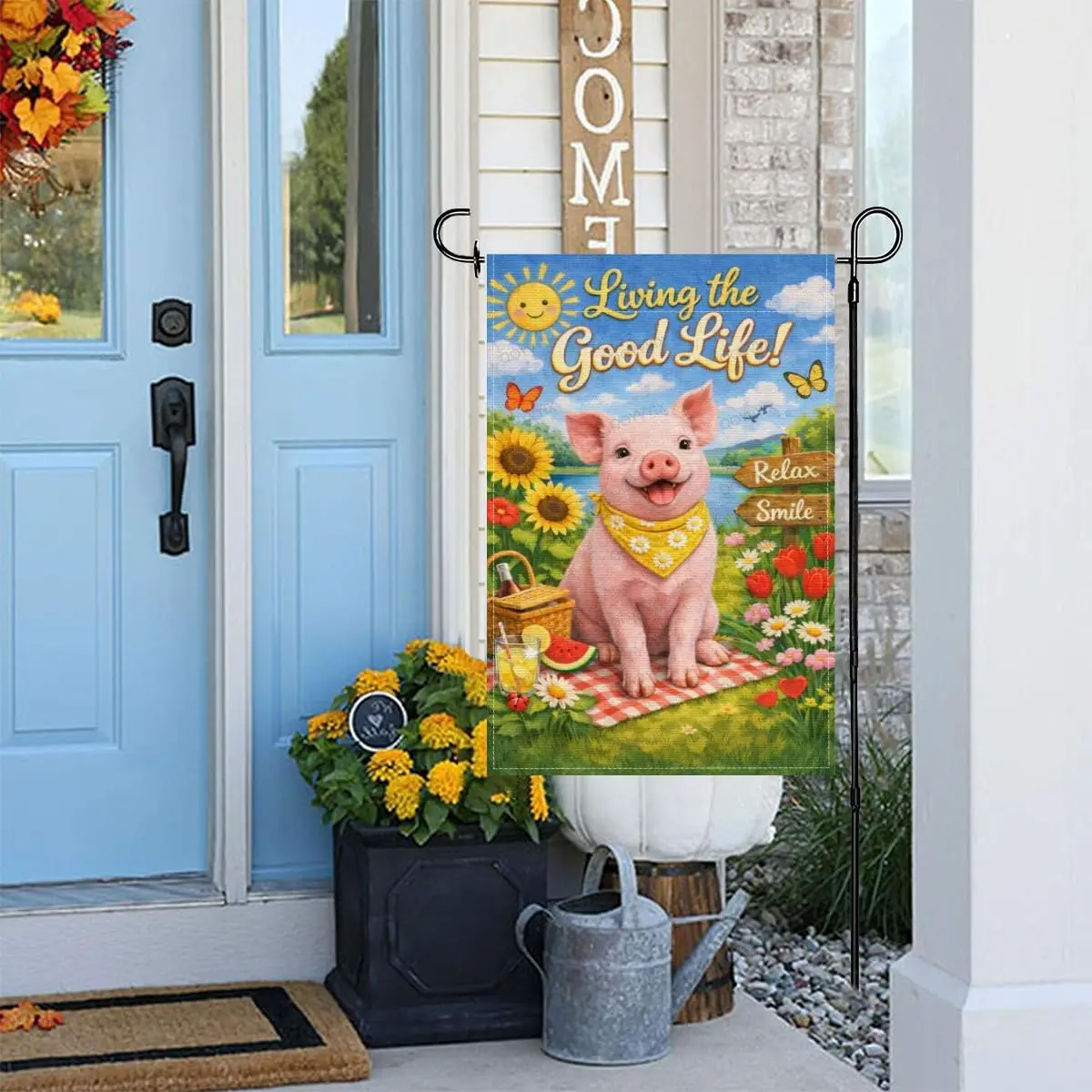 Living the Good Life Summer Garden Flag Pig Sunflowers Lake Scene Double Sided Outside Yard Decoration Small Yard Flag 12x18 jjp