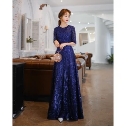 Royal Blue Long Formal Dresses For Women Elegant O-neck  Sparkly Sequin Evening Dresses