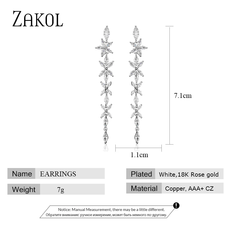 ZAKOL Fashion Cubic Zirconia Flower Long Dangle Earrings for Women Shining Rose Gold Color Bridal Wedding Engagement Jewelry