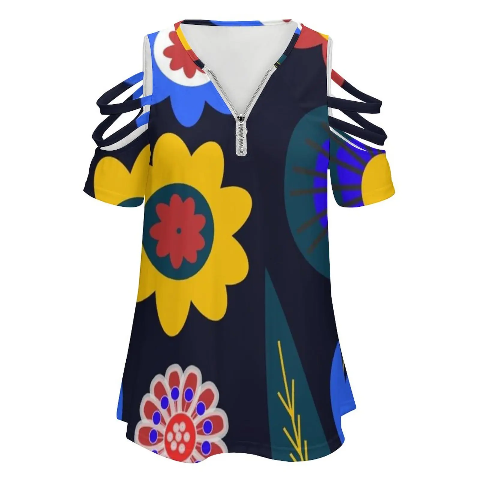 Midnight Floral Expo New Fashion Zip Off Shoulder Top Short-Sleeve Women Shirt Midnight Floral Night Nocturnal Indigo Blue