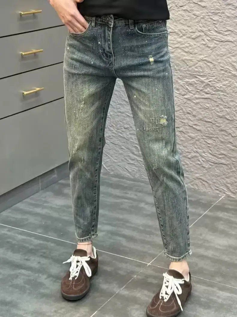 하이엔드 스크래치 레트로 청바지 남성 슬림 스몰 풋 2025 봄 여름 신상 핫 다이아몬드 엘라스틱 팬츠 스트릿웨어 청바지