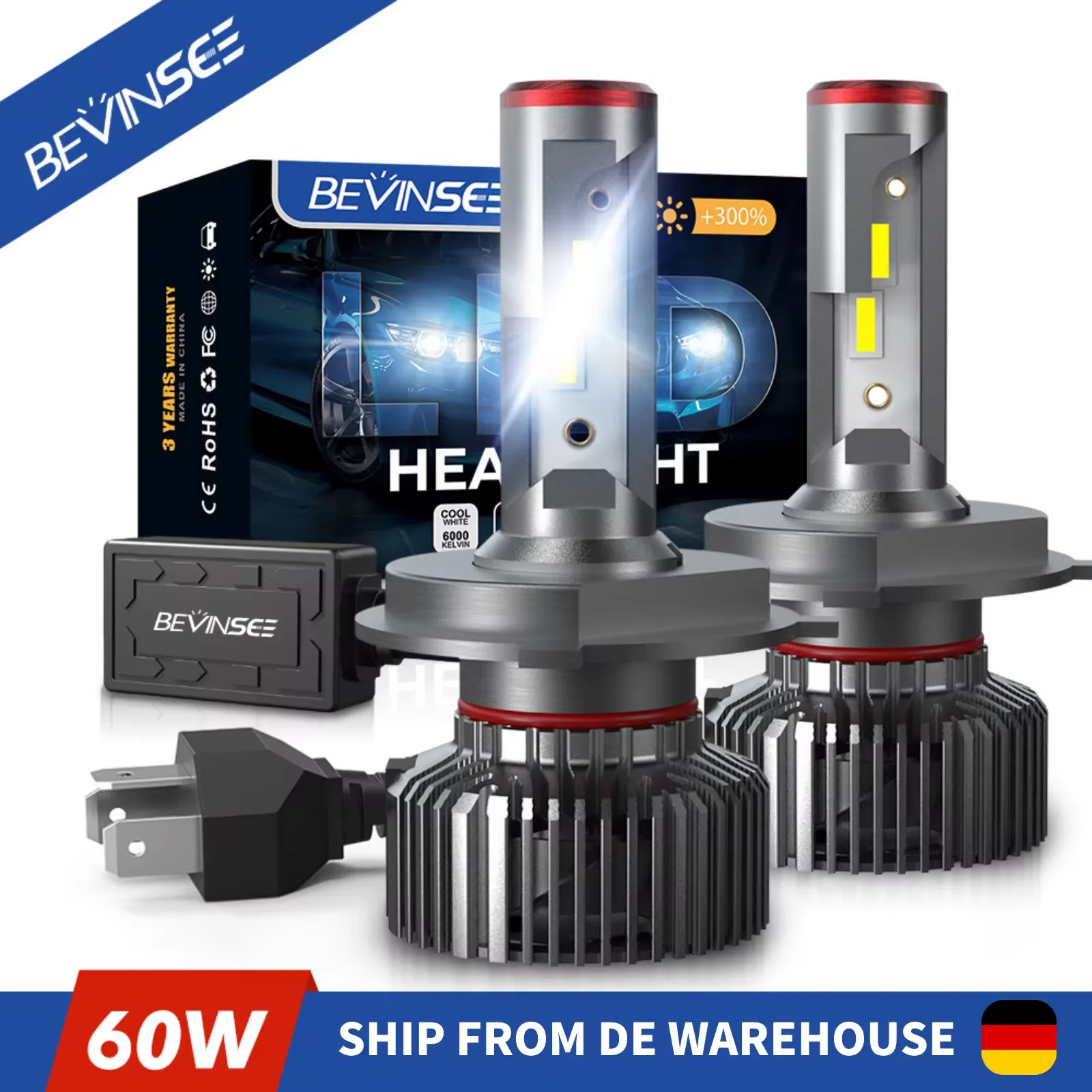 BEVINSEE 2x H4 LED Car Headlight Bulbs 10000LM 60W H4 9003 Auto LED Headlamps High and Low Beam 6000K White Lights for Car 12V