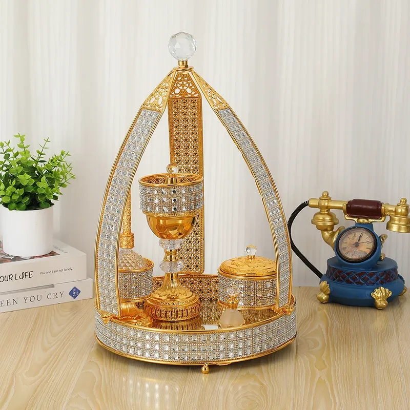 Luxury Metal Incense Burner Set Arabic Style Diamond Light Home Decor Ornaments Six Piece Kit for Middle East Market