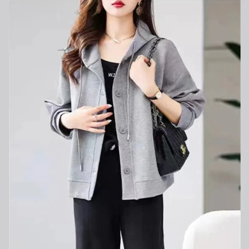 Leisure Sports Hooded Jacket Women\'s 2023 Spring and Autumn New Loose Joker Age-reducing Cardigan Baseball Uniform Top