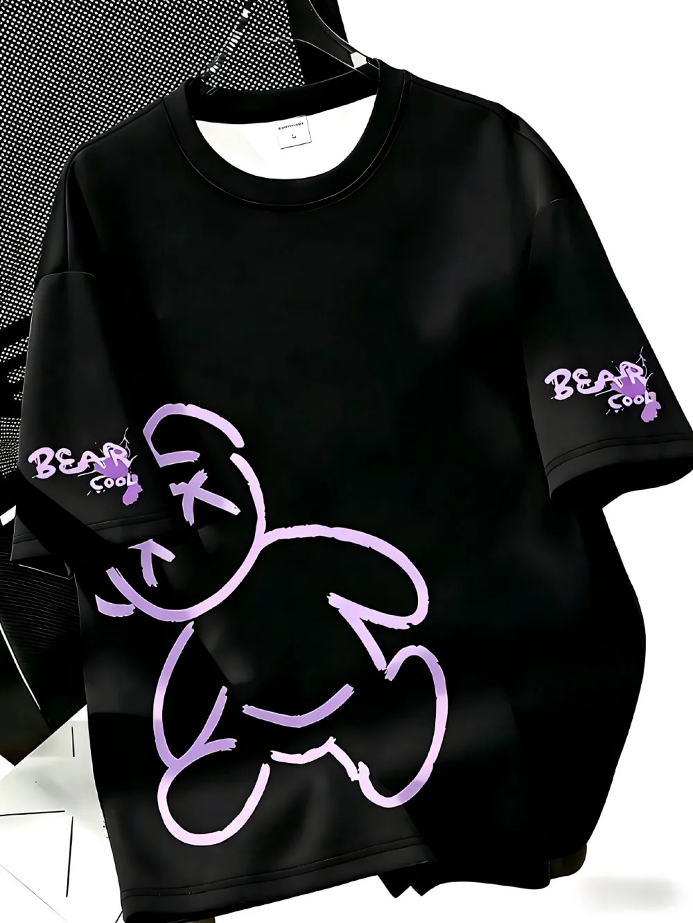 European and American men's summer personalized teddy bear print micro elastic breathable round neck T-shirt outdoor casual top