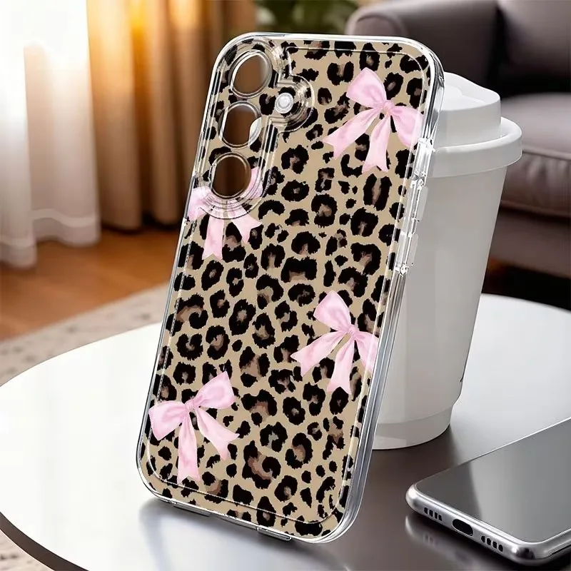 Classic Leopard Print Cute Pink Bow Phone Case For Samsung Galaxy A73 A72 A71 A56 A55 A54 A53 A52 A51 Clear Shockproof TPU Cover