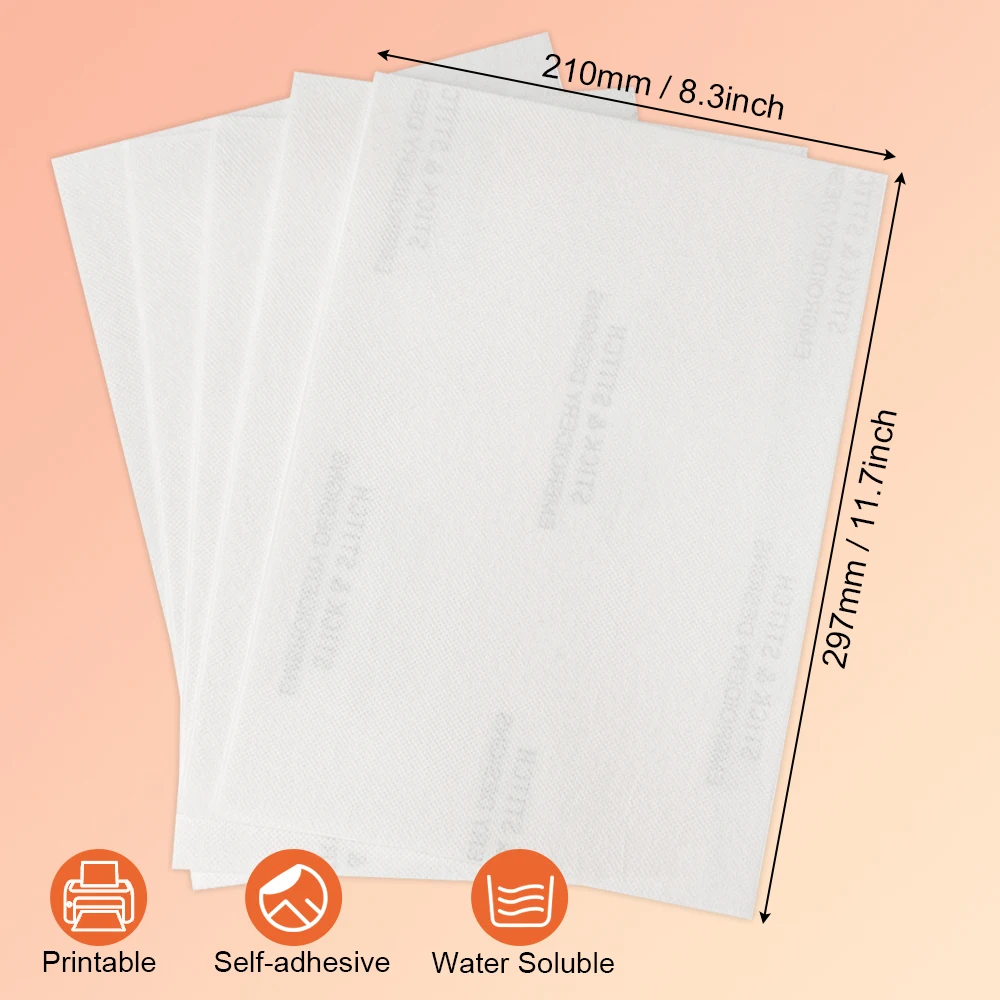 5PCS Printable Water-Soluble Embroidery Stabilizer A4/A5, Self-Adhesive Wash-Away Stabilizer Paper, for Hand & Machine Embroider