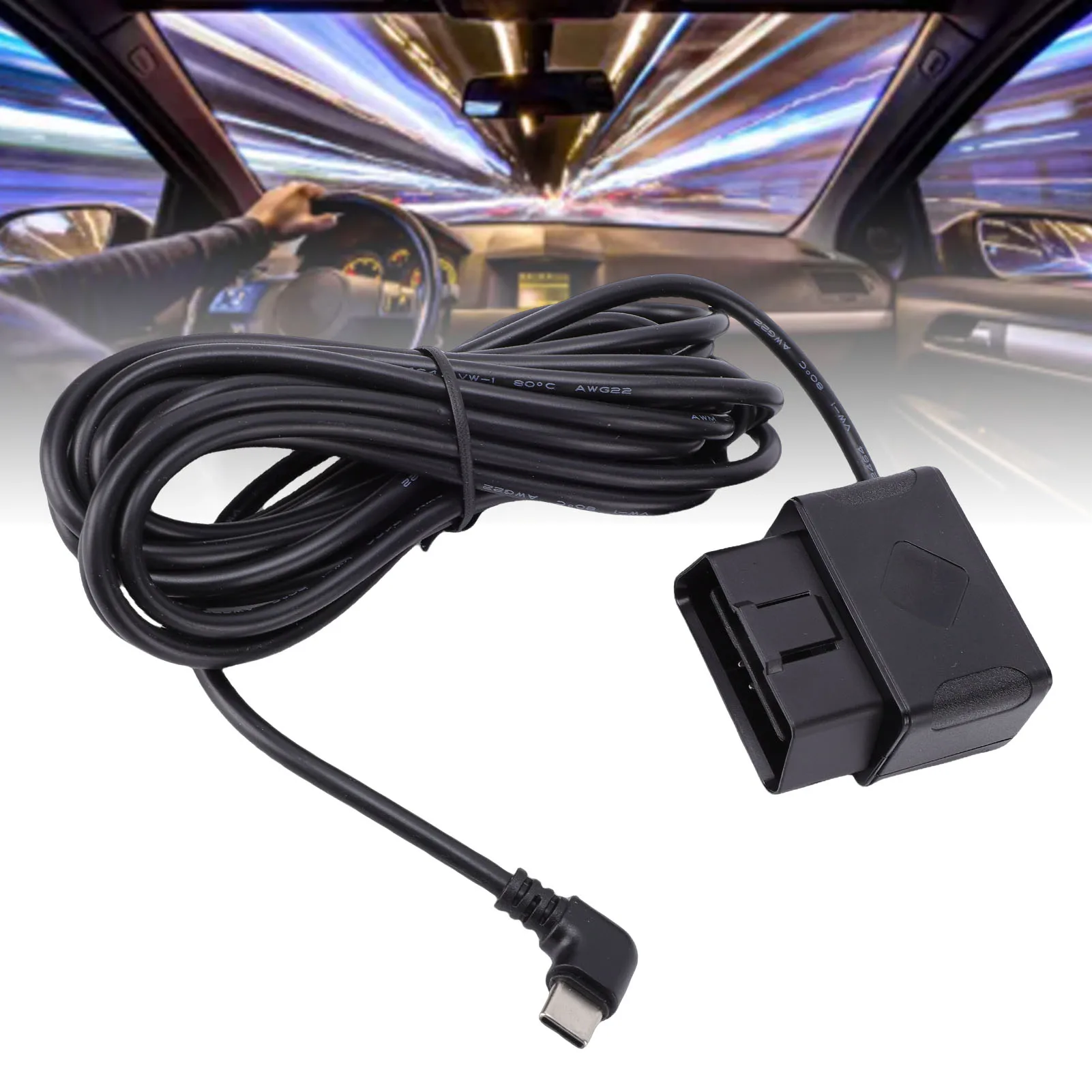 Dash Cam Hardwire Kit OBD Power Cable 11.5ft with USB Type C Adapter Digital Display Low Voltage Protecting 24h Parking Mode ACC