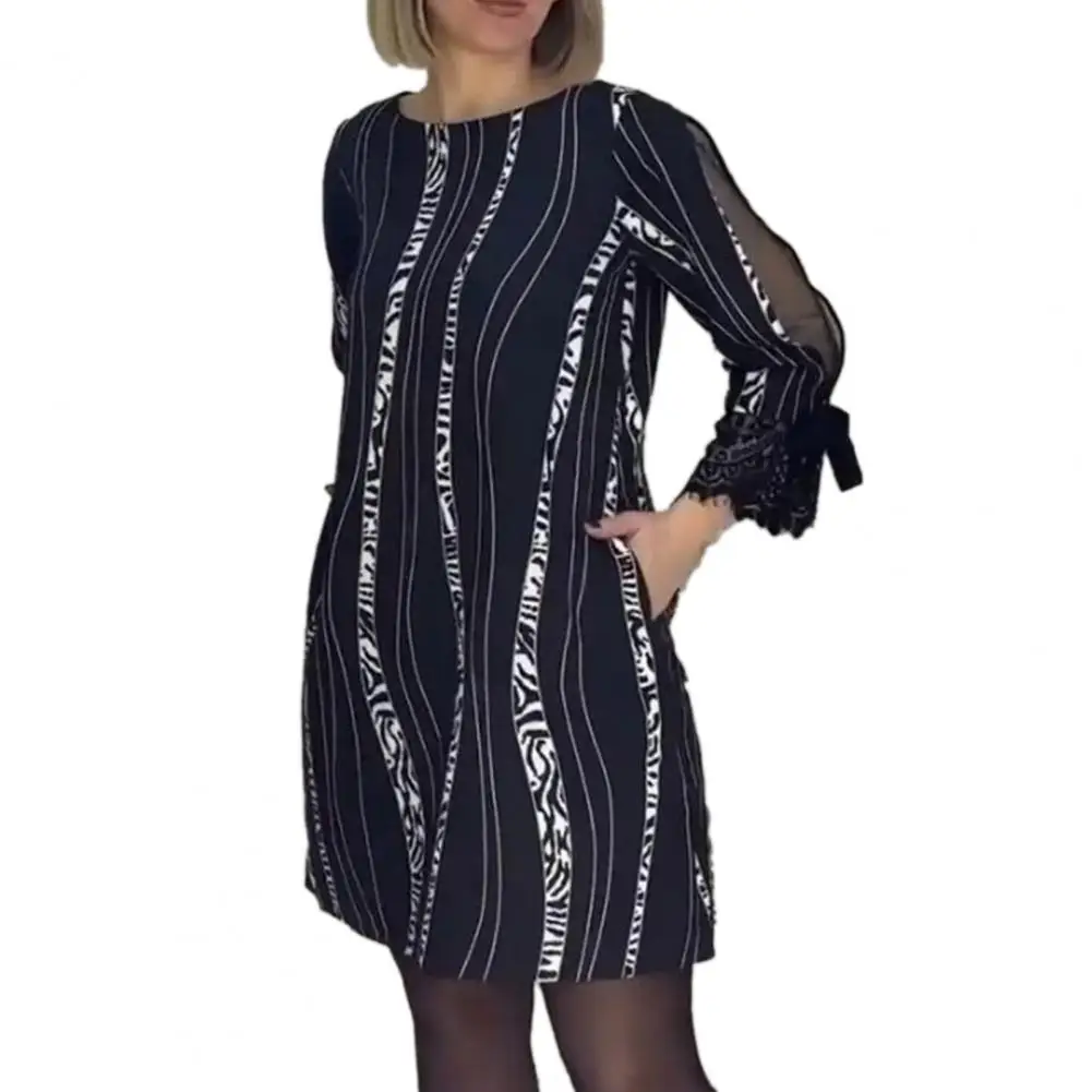 

Vintage Women Dress Striped Color Matching Loose Above Knee Length Pockets Lace Patchwork Lady Mini Dress